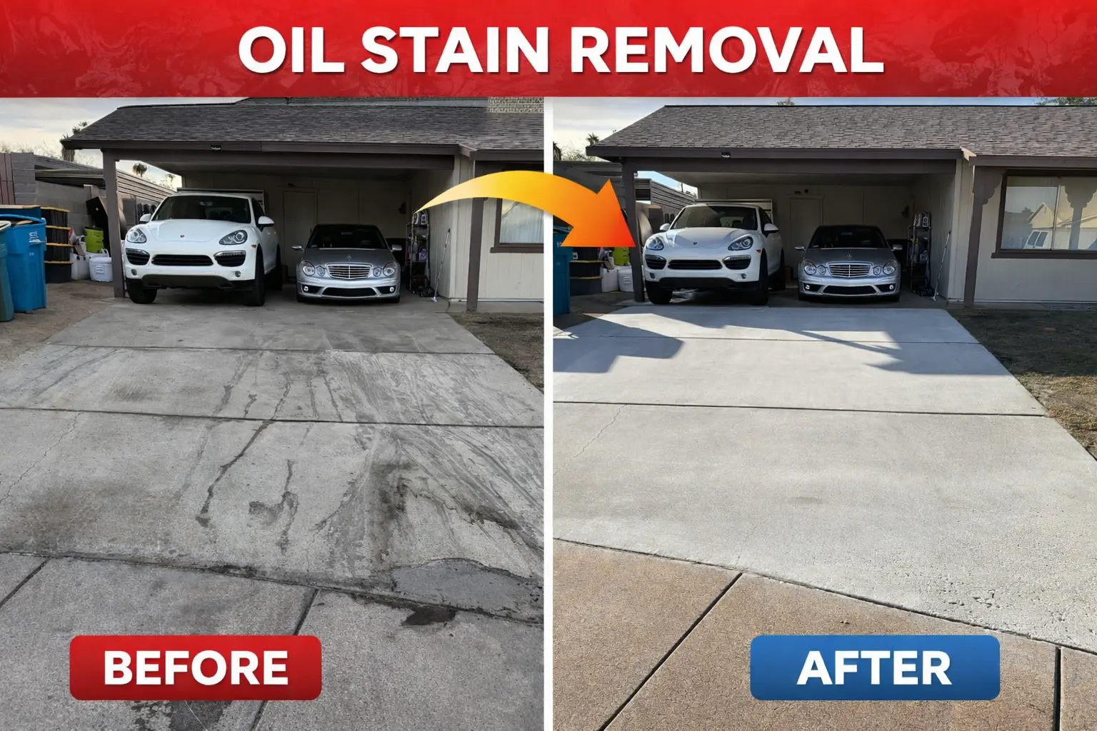 Oil-stained Arizona driveway before and after professional treatment